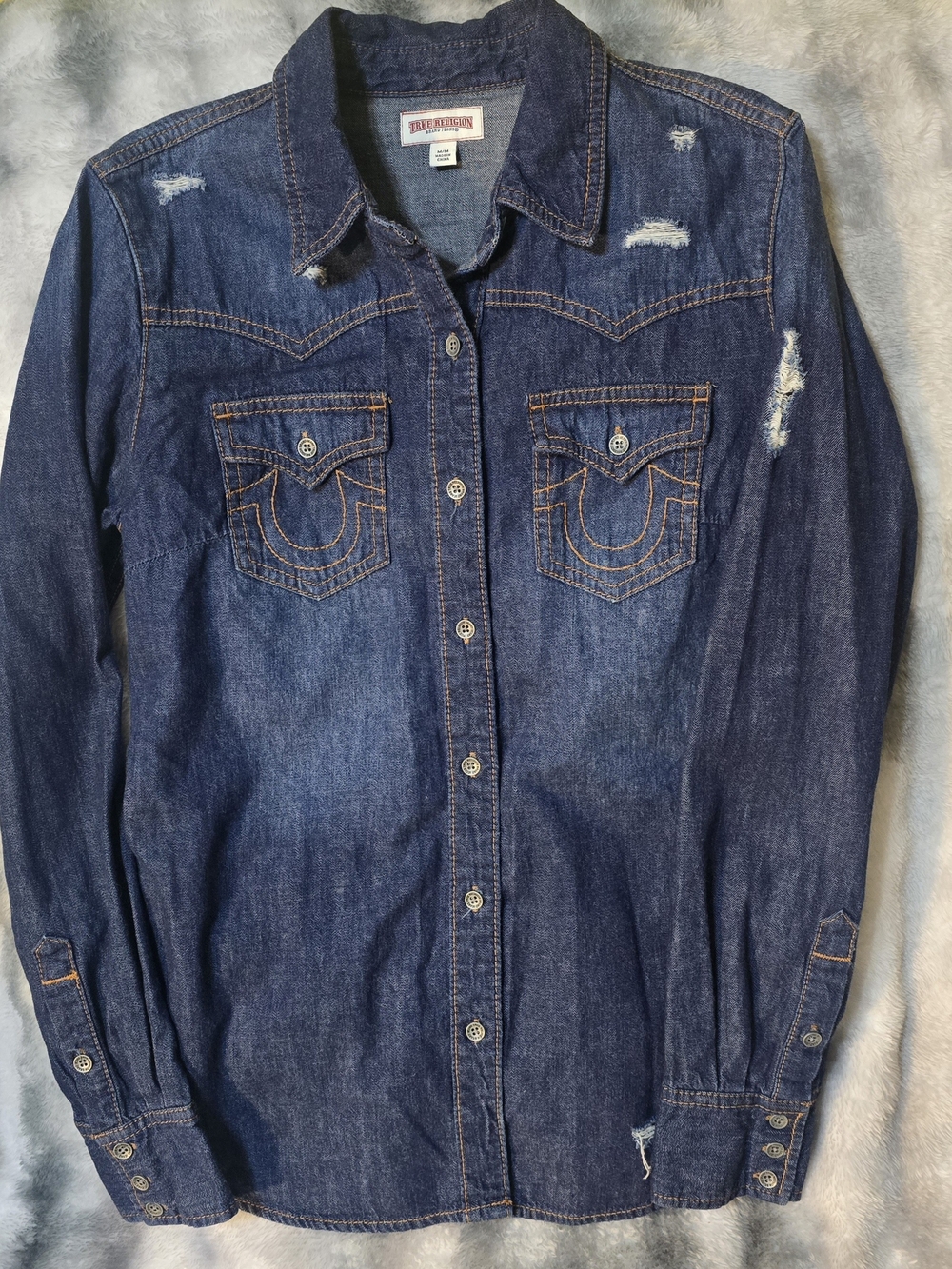 True Religion Indigo Distressed Denim Western Shirt